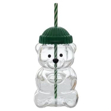 Imagem de Generic Copo de Palha de Vidro Bear, Copo Transparente Em Formato de Urso de 20 Onças Com Tampa Verde, Reutilizável para chá Com Leite e Coquetéis, café, Suco, Leite e chá