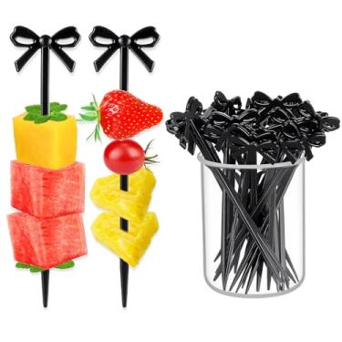 Imagem de LXUEJIE 30 Pçs palitos de coquetel de laço preto, palitos de acrílico para decoração de arco preto fofo palitos de frutas para aperitivos, bebida, bolo, sobremesa, decorações de festa de aniversário