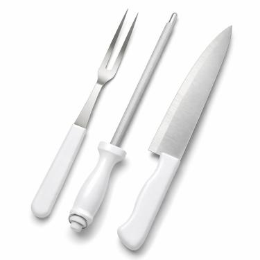 Imagem de Kit Churrasco 3 Peças em Aço Inox · Faca, Chaira e Garfo Trinchante · Cabos em Polipropileno Branco · Corte Preciso e Alta Durabilidade