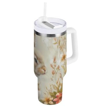 Imagem de Coelho cesta floral bege duplo isolado copos com tampa e canudo, copo isolado 850.5 g / 0,89 L