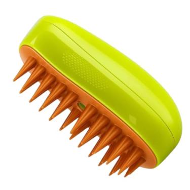 Imagem de Escova Removedora de Pelos a Vapor para Cães e Gatos, Verde e Laranja, com Compartimento para Shampoo, Cerdas Macias, 23x8x9cm, 125g, Bateria 150mAh, Inclui Cabo USB