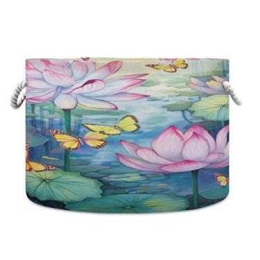 Imagem de Wassud Borboletas e lótus (2) cesta de armazenamento com alças cesto de lavanderia redondo caixas de armazenamento de lona cobertor de armazenamento para berçário 50,8 cm x 50,8 cm x 35,5 cm