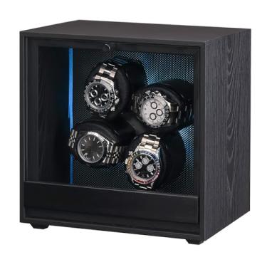 Imagem de Enrolador de relógio para 4 relógios automáticos, rotador de relógio para Rolex 4 modos de rotação, caixa de exibição com luz azul, caixa de enrolador de relógios com adaptador presente para homens