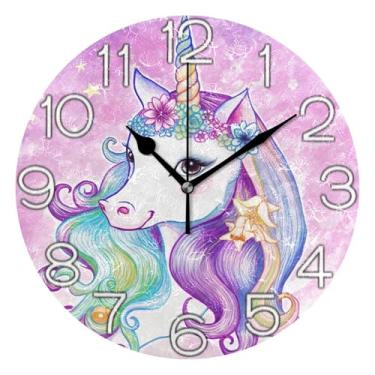 Imagem de GAIGEO Relógio de parede analógico decorativo estético silencioso sem tique-taque quarto relógio de cozinha, decoração de parede de casa de fazenda moderna, unicórnio colorido roxo, 25 cm, ponteiros