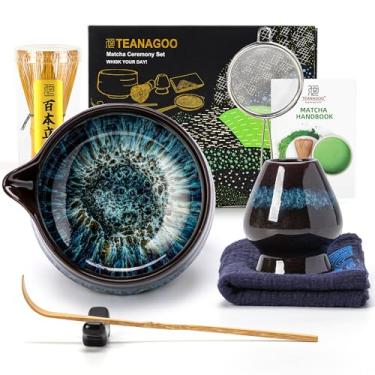 Imagem de TEANAGOO Conjunto de batedor Matcha, conjunto de 7 peças Matcha azul, kit Matcha para cerimônia, conjunto de chá Matcha para fazer café da manhã/latte, tigela matcha de cerâmica (chawan) com bico e