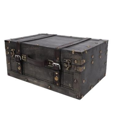 Imagem de AUNMAS Caixa de Armazenamento Decorativa, Grande Caixa de baú de Tesouro Vintage de Madeira Com Alça de Couro PU Mala Antiga Multifuncional para Decoração de Casa Coleção de Joias (Retro Cinza Grande)