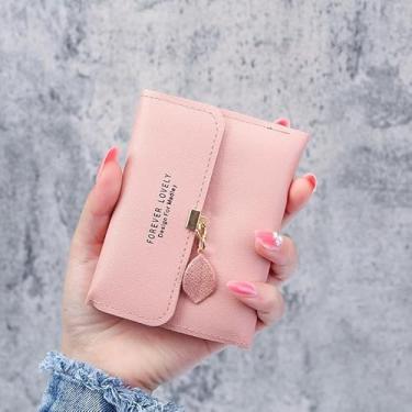 Imagem de Carteira feminina de couro genuíno com dobra dupla/tripla - Suporte minimalista para cartão de crédito com bloqueio de RFID e bolso para moedas, rosa, Casual