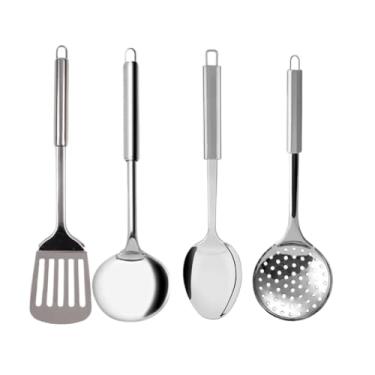 Imagem de Kit Utensílios para Cozinha Inox Escumadeira Concha Colher de Arroz Pegador Massa Garfo Trinchante (4 Peças)