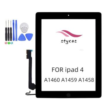 Imagem de STYCES Substituição de digitalizador de tela sensível ao toque quebrada para iPad 4 A1460 A1459 A1458, tela de vidro frontal com botão Home (sem função de impressão digital), ferramentas e fita dupla