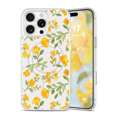 Imagem de EYZUTAK Capa magnética para iPhone 16 Pro Max com flores compatível com MagSafe, bonita floral elegante estética capa protetora fina transparente antiamarelamento para meninas e mulheres - amarelo