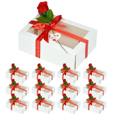 Imagem de TIMBLESSING Conjunto de 12 caixas de presente de Dia dos Namorados com janela transparente, caixa de presente branca inclui fita de amor, etiqueta de coração e rosa sintética, pré-dobrada, pronta para