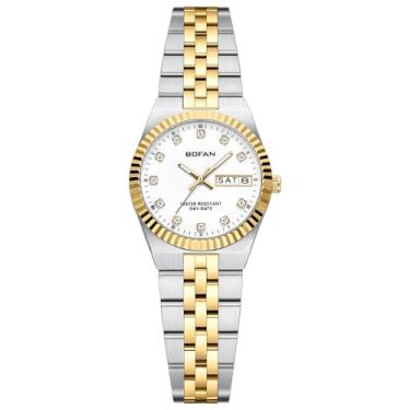 Imagem de BOFAN Relógio feminino vintage dourado com mostrador de diamante de luxo, mostrador de data e semana, pulseira de aço inoxidável, à prova d'água. Ferramenta de ajuste incluída (branco - dois tons)