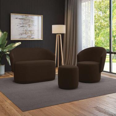 Imagem de Sofá Namoradeira Com Poltrona E Puff Orgânico Sala Malu Suede Marrom M11 - D`rossi
