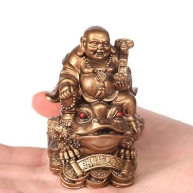 Imagem de FENNYYAR Estátua de sapo Feng Shui Maitreya Buda, 12 cm, 12 cm, decoração de mesa de escritório em casa estilo chinês