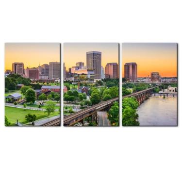 Imagem de Pacimo Conjunto de arte de parede com impressão em tela, horizonte de Richmond, pôster giclée, arte moderna de paisagem urbana da Virgínia para sala de estar, quarto, escritório, esticável e