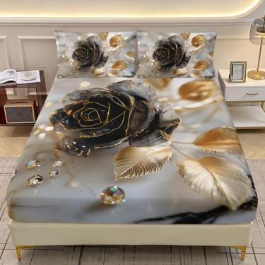 Imagem de AILONEN Jogo de lençol Queen preto e dourado com estampa de diamante e mármore 3D + 2 fronhas, lindo jogo de lençol com elástico e flor rosa para meninas, 3 peças