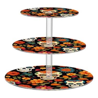 Imagem de Crânios engraçados flores laranjas chá festa cupcake suporte redondo 3 camadas copo acrílico bolo torre decoração chá festa bandeja suporte comida prateleiras aniversário casamento