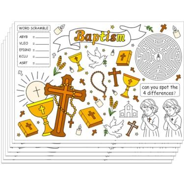 Imagem de WEBEEDY Jogo americano para colorir com tema de batismo, faça você mesmo, 30 peças, jogo americano de papel para festa de batizado com estampas de cruz e pomba, lençóis de colorir para aniversário