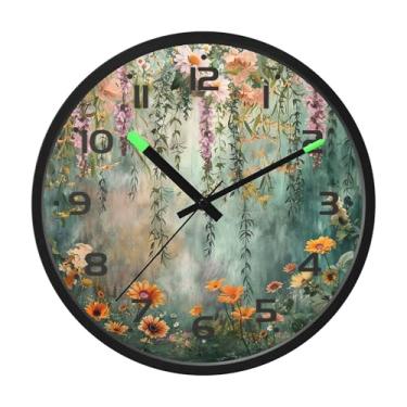 Imagem de SEHANY Relógio de parede vintage com flores de videira silencioso, sem tique-taque, relógio redondo operado por bateria, controle de som, luz noturna, relógios de parede para sala de estar, cozinha