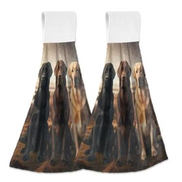 Imagem de Joitme Lindas toalhas de mão para pendurar no campo do pôr do sol labrador com laço pacote com 2, toalhas de prato macias e absorventes de cozinha com fita mágica para forno e decoração de casa