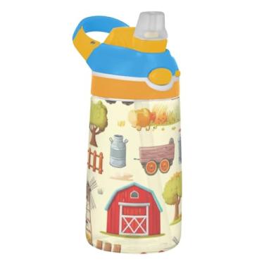 Imagem de Garrafa de água infantil colorida Farm Life Bege Cartoon 473 ml Tritan garrafa de água de plástico reutilizável com tampa de canudo 473 ml copo de viagem infantil portátil à prova de vazamento, alça