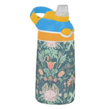 Imagem de Garrafa de água infantil intrincada verde floral para escola, 473 ml, 473 ml, garrafa de água esportiva Tritan com canudo, copo de viagem reutilizável para crianças, à prova de vazamento, alça de