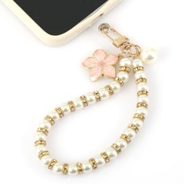 Imagem de Pulseira de pérolas para celular, berloque de pérola, cordão de pérola, pulseira com contas, pingente móvel com remendo para presente de smartphone (estilo flor rosa)