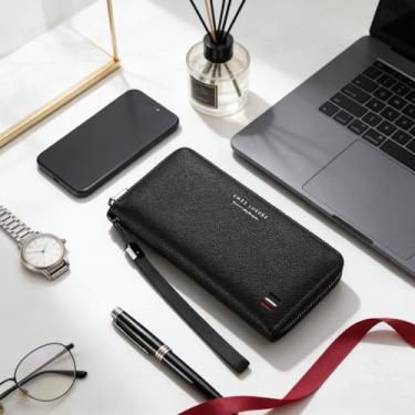 Imagem de Carteira masculina clássica preta com fivela vertical em relevo em microfibra confortável, design vertical clássico com fivela, padrão de microfibra em relevo, sensação confortável