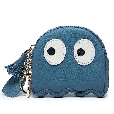 Imagem de Bolsa de moedas de fantasma de desenho animado mini carteira de couro genuíno pequena bolsa de moedas com chaveiro, bolsa de moedas engraçada e fofa para mulheres, Azul, L 3.9 in x W 3.9in x H 0.59 in
