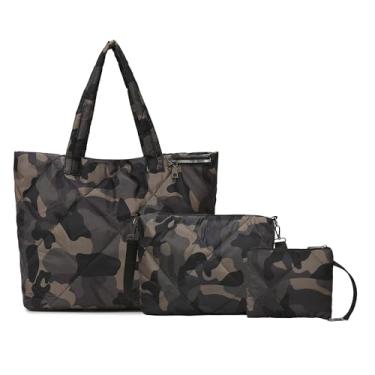 Imagem de Conjunto de bolsas acolchoadas para mulheres, bolsa de ombro acolchoada com bolsa transversal e bolsa pequena, bolsa leve para viagem, trabalho, academia, Camuflagem