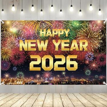 Imagem de YQUQWN Feliz Ano Novo 2026 Banner Véspera de Ano Novo Artigos de Festa Decorações 182 x 111 cm com Padrão Fogo de Artifício para Decoração de Festa de Ano Novo Adereços de Foto Suprimentos de Fundo