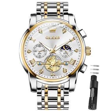 Imagem de OLEVS Relógios masculinos de luxo de aço inoxidável, relógio social fácil de ler, mostrador grande, cronógrafo, casual, analógico, números romanos, reloj para hombre, Pulseira dourada e prata face