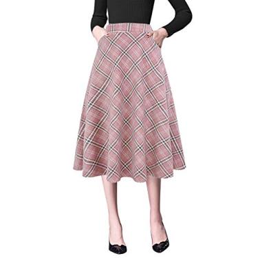 Imagem de IDEALSANXUN Saias xadrez femininas outono inverno cintura alta Aline plissado midi saias, rosa, G