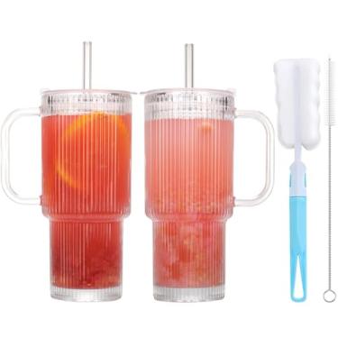 Imagem de ASANMEYO 2 peças de copos de vidro com nervuras de 590 ml com alça, copos canelados com tampas e canudos, vidro canelado vintage canelado, xícara de café gelado para coquetéis, cerveja, suco, leite