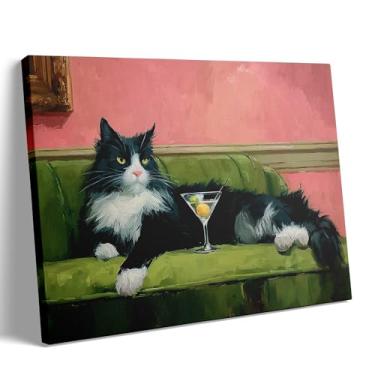 Imagem de Ypxzzj Arte de parede em tela de gato preto caprichoso Martini, decoração de parede engraçada para sala de estar, destaque de carrinho de bar, decoração de exibição de cozinha, pintura de decoração de