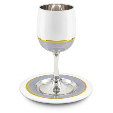 Imagem de Zion Judaica Elegante Conjunto de Taça Kiddush Branco Creme com Acentos Cinza e Dourado Copo de Vinho com Hastes 14,7 cm com Coaster Pessach Seder Taça de Vinho com Pés 156 g Copo Shabbos em uma Caixa