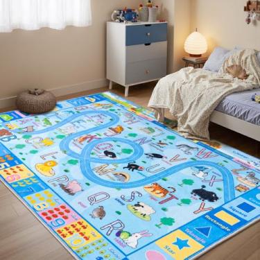Imagem de Tapetes infantis para quarto de crianças, tapete educacional ABC para sala de aula, tapete antiderrapante lavável para sala de jogos para meninos e meninas, tapete de brinquedo de estrada zoológico