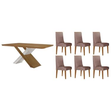Imagem de Sala Jantar Mesa Imperatriz Tampo Curvo 180cm+6 Cadeiras Dakota Madeira Naturale/Off Wite - Capuccino/Linho Capuccino - Rufato
