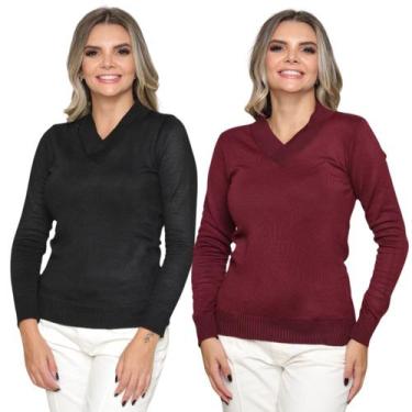 Imagem de Kit 2 Blusa Tricot Gola V Inverno Moda Casual - GIP, Preto, Bordô, Úni