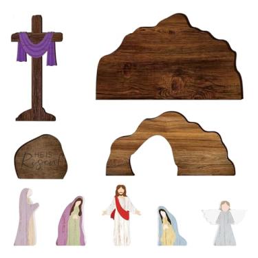 Imagem de Hamosky Conjunto de presépio de madeira com cruz e túmulo, exibição de 9 peças de ressurreição de Páscoa, estatuetas religiosas rústicas para decoração de igreja doméstica, tema He Is Risen