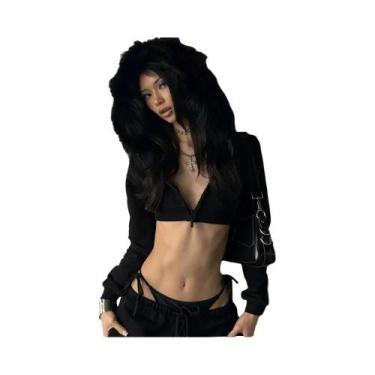 Imagem de Jaqueta Feminina Curta Com Capuz De Pelúcia E Patchwork, Manga Comprid