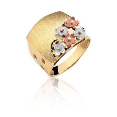 Imagem de Anel Grande Escovado Três Cores 5 Flores Ouro Puro 10k A168 - MAEHLER 