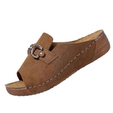 Imagem de Sandálias femininas de cor sólida com fivela de metal e sola grossa, Marrom, 34