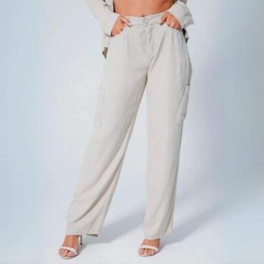 Imagem de Calça Feminina Sarja Wide Leg Utilitária Cintura Alta Bolso Lateral Corente-Feminino