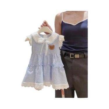 Imagem de Vestido Infantil Sem Mangas Com Estampa Xadrez Azul E Detalhes Em Rend