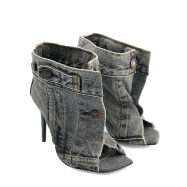 Imagem de THESHY Botas femininas Peep Toe stiletto salto alto tornozelo jeans sandálias de botão de metal sapatos modernos para mulheres, Cinza, 34