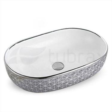 Imagem de Cuba Oval Banheiro Lavabo Cerâmica Sobrepor Prata Tubrax