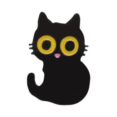Imagem de Broche De Esmalte Gato Preto Desenho Animado Olhos Grandes Gatinho Ani