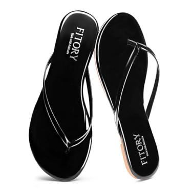 Imagem de FITORY Chinelo feminino, moderno, casual, tanga de caminhada com couro vegano, sandálias planas confortáveis de verão para praia 2026 para ambientes internos e externos, tamanho 6-11, Preto brilhante