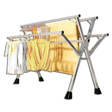 Imagem de Escorredor de roupas de aço inoxidável ajustável resistente - 200 cm, prateleira de lavanderia portátil dobrável com rodas para uso interno e externo, design resistente e econômico de espaço